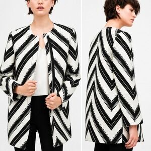 ZARA New Patterned Black White Geometric Wool Blend Longline Coat SZ Small Mod